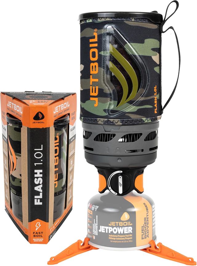 Jetboil Flash Réchaud portable 1 L à ébullition rapide pour camping randonnée avec allumage automatique en 1 étape, brûleur propane/isobutane avec tasse de cuisson, camouflage foncé