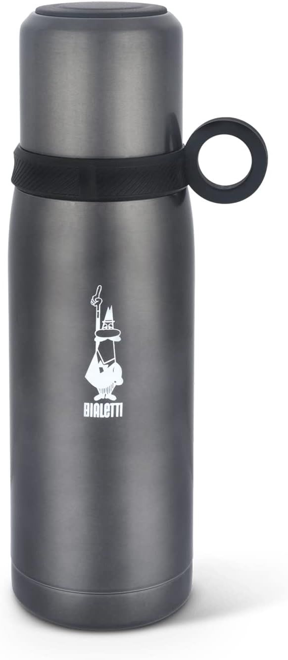 Bialetti To Go Bouteille Thermique avec Couvercle-Gobelet, à Double Paroi, Garde au Chaud pendant 12 heures et au Froid pendant 24 heures, Capacité 460 ml, Acier, Gris Foncé