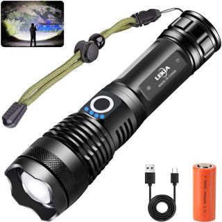 LEKIA Lampe Torche LED Ultra Puissante, USB Rechargeable XHP70.2 Lampe de Poche 90000 Lumens, 5 Modes Haute Puissance Torche IPX65 Étanche avec Batterie pour Camping, Activités de Plein Air