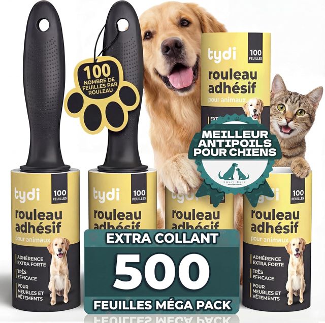 Tydi Rouleaux Anti-Peluches pour Poils d'animaux, 5 Rouleaux de 100 Feuilles, 2 Poignées Incluses
