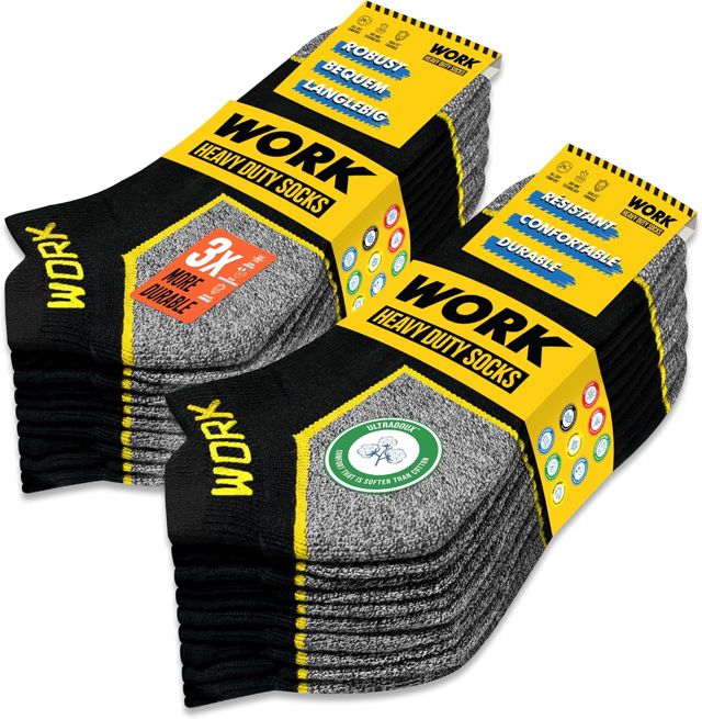 SOXCO 10 Pairs Socquettes de travail noires homme | Technologie DRI-WIK d’évacuation de l’humidité | Semelle ultra douce et coussinée | Talon et pointe renforcés | WORK Socks Lot de 10 paires
