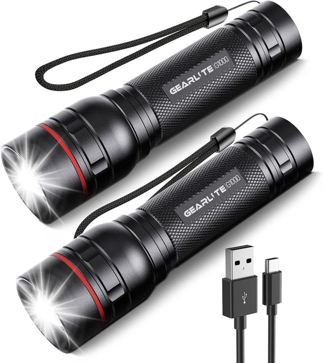 Lot de 2 torches LED rechargeables, 2 000 lm, super lumineuses