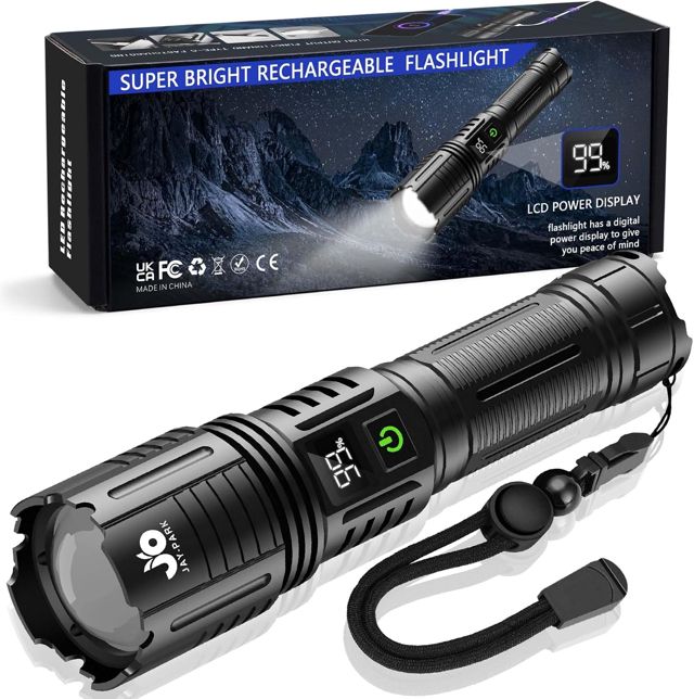 JAY-PARK Lampe Torche LED Ultra Puissante 1000000 Lumens, Rechargeable 5000mAh, Zoom Puissant 3000m, IP67 Étanche, 5 Modes Pour Camping, Randonnée, Urgence, Chien