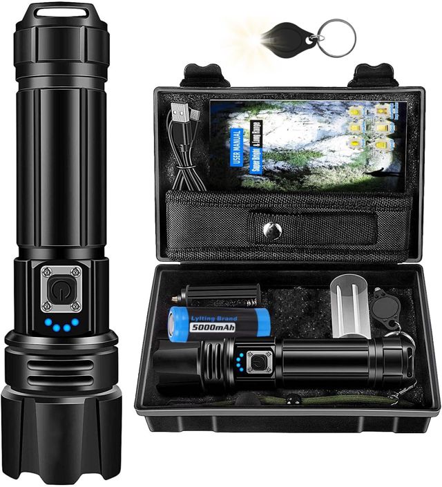 Lampe Torche LED Ultra Puissante, 1200000 Lumen Lampe de Poche Rechargeable avec Batterie 5000mAh,Lampe Torche Puissante de Zoomable 5 Modes, IP67 Étanche Torche Tactique pour Camping Randonnée Pêche