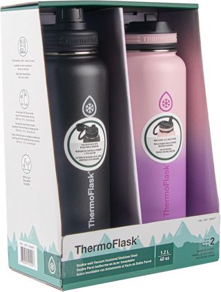 ThermoFlask Lot de 2 bouteilles d'eau isothermes en acier inoxydable de 1200 ml avec paille et couvercles à bec verseur, noir/rose violet