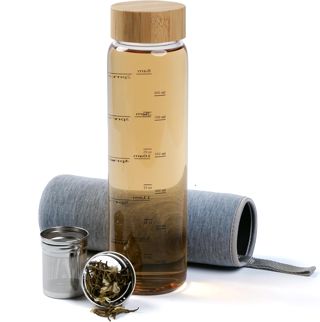 Bouteille Infuseur à Thé 1l - Gourde en Verre 1 litre - Gourde 1l en Verre Borosilicaté avec Couvercle Rotatif en Bambou - Theiere avec Infuseur 1l avec Housse en Néoprène - gris