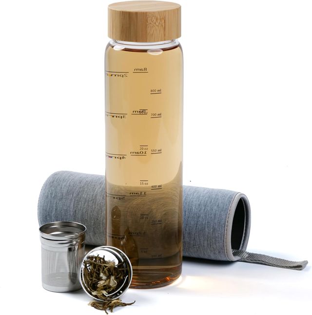 Bouteille Infuseur à Thé 1l - Gourde en Verre 1 litre - Gourde 1l en Verre Borosilicaté avec Couvercle Rotatif en Bambou - Theiere avec Infuseur 1l avec Housse en Néoprène - gris