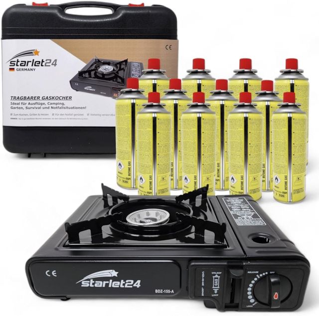 Starlet24 Kit de réchaud de camping avec 12 cartouches de gaz et mallette de transport - Idéal pour les activités de plein air telles que le camping et la randonnée - Transportable et autonome sans