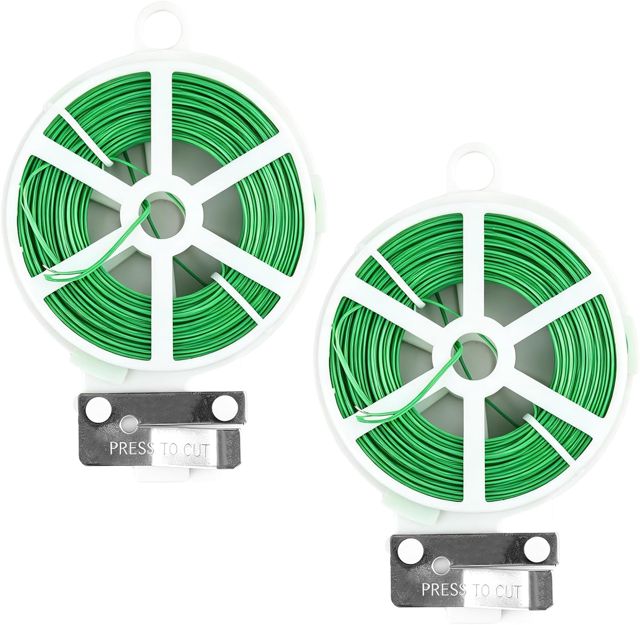 Lot de 2 rouleaux de fil de jardin avec cutter, 100 m de fil de liaison fin avec distributeur et cutter, fil de jardin doux pour l'entraînement, l'organisation des plantes, les projets