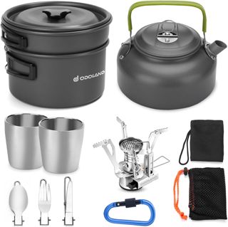 Odoland Kit de Casseroles Camping, 10PCS Popotes de Cuisine Camping en Aluminium, avec avec Cafetière Théière, Portable Set pour 1-2 Personnes Pique-Niqu,Camping,BBQ,Randonnée,et Voyage