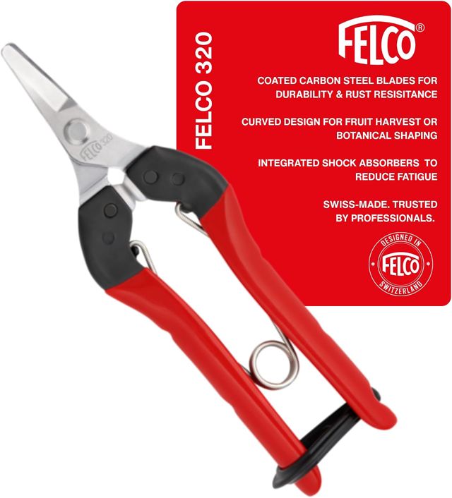 FELCO 320 Sécateur de récolte (pour tiges de fruits, fleurs et légumes, sécateur compact avec poignées en acier, lame courbe, pour droitiers et gauchers, longueur 154 mm)