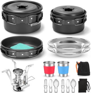 Odoland Lot de casseroles de Camping avec casseroles et poêle à Couverts pliants, crevettes pour 1 à 2 Personnes légères et compactes pour Camping, randonnée, Pique-Nique, randonnée