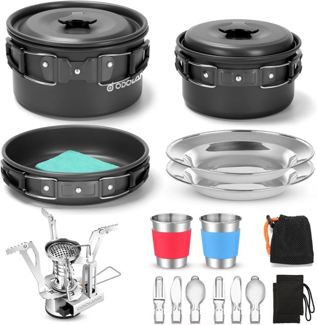 Odoland Lot de casseroles de Camping avec casseroles et poêle à Couverts pliants, crevettes pour 1 à 2 Personnes légères et compactes pour Camping, randonnée, Pique-Nique, randonnée