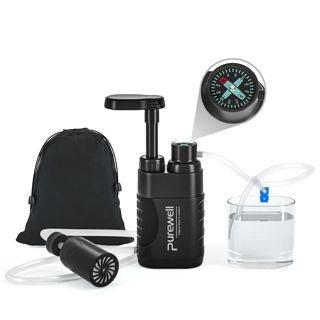 Purewell Pompe purificateur d'eau avec filtre à eau remplaçable au carbone 0,01 microns, 4 étapes de filtration, équipement d'urgence et de survie portable en plein air – Camping, randonnée, randonnée
