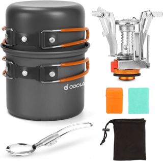 Odoland Multi-PCS Kit de Casseroles Camping Poêlé en Aluminium Durable et Compact Camping Ustensiles complets avec Réchaud de Camping ultraléger pour Randonnée Pédestre Pêche
