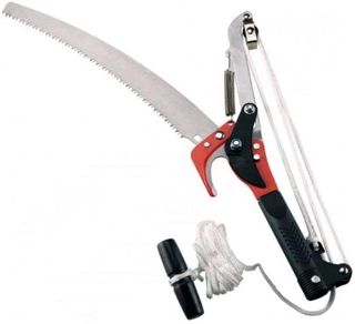 AUSONIA - SÉCATEUR-ÉLAGUEUR DOUBLE CORDE AVEC SCIE DE 35 CM. LAME EN ACIER TREMPÉ RECOUVERTE DE TÉFLON ET D’ANTIROUILLE, CORDELETTE EN NYLON AVEC UNE POIGNÉE, CAPACITÉ DE COUPE DE 25 MM MAX.