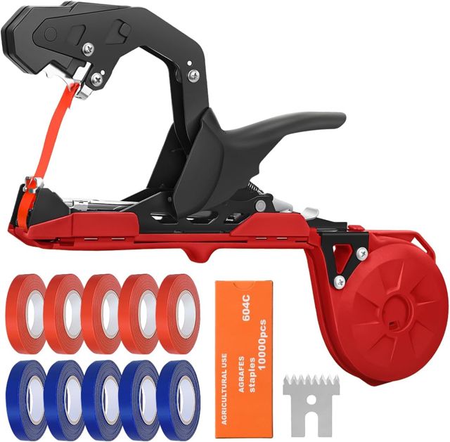 Machine à Nouer Les Plantes Professionnelle Attacheuse Rapide pour Tomates, Vignes, Concombres, Fleurs et Légumes – Idéale pour Jardiniers, avec Ruban et Agrafes Inclus, Rouge/Noir