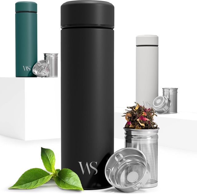 Bouteille d’eau isotherme à infusion thé & fruits + infuseur à fruit + passoire thé sans BPA | Thermos 450ml en acier inoxydable isolé sous vide | Gourde bureau extérieur école voyage sport – Teal