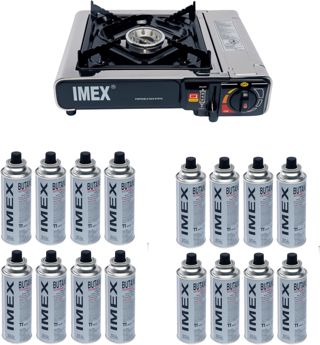 IMEX Réchaud à gaz en acier inoxydable avec 16 cartouches de gaz et mallette de transport/coffret de rangement 2,2KW