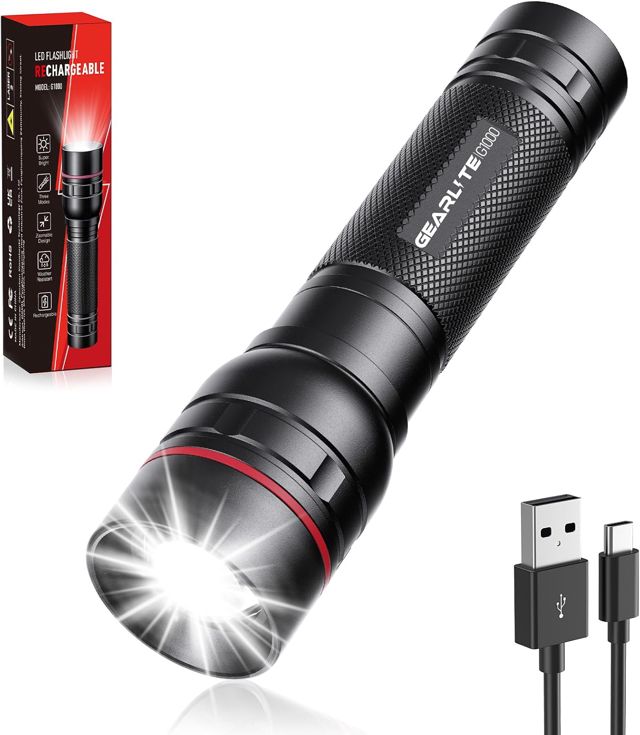 GEARLITE Lampe Torche LED Rechargeable 2 Pièces, 2000 Lumens Lampe de Poche Rechargeable avec 3 Modes, Zoomable, IP65 Étanche Mini Lampe Torche LED Ultra Puissante pour Camping, Urgence, Randonnée