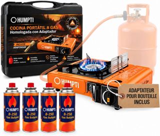 Réchaud à Gaz de Camping Humpti + 4 Cartouches Butane Incluses - Portable Léger avec Adaptateur Bouteille - Compatible EN417 - Camping, Randonnée, Bivouac, Urgences (Camping + 4)