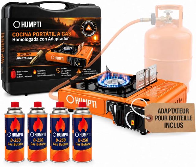 Réchaud à Gaz de Camping Humpti + 4 Cartouches Butane Incluses - Portable Léger avec Adaptateur Bouteille - Compatible EN417 - Camping, Randonnée, Bivouac, Urgences (Camping + 4)