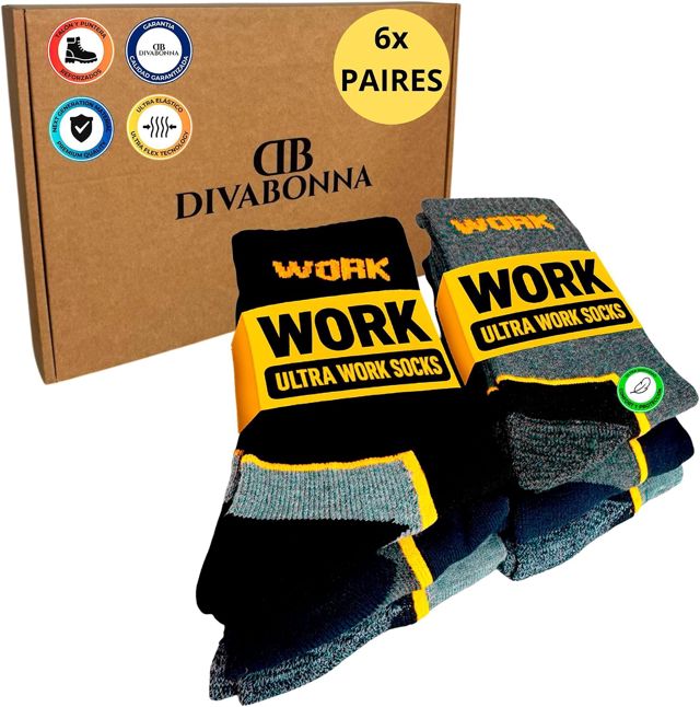 Chaussettes de Travail Homme Renforcées WORK Socks Respirantes et Confortables, Talon et Pointe Rembourrés, Usage Professionnel ou Quotidien Lot de 6 Paires