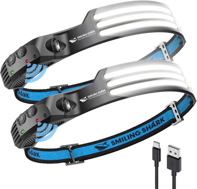 Smiling Shark Lampe Frontale, 2 Pièces 230°Angle Large 3*LED Bandes Lumineuses Blanches Headlight Rechargeable avec Capteur de Motion Étanche pour Activités Outdoor, Lampe-Frontale-LED-Camping