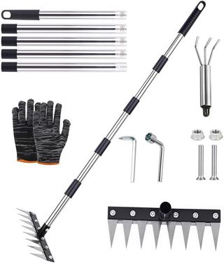 Râteau de Désherbage avec Manche Télescopique 185 cm,8 Dents Rateau Scarificateur en Acier Robuste,Râteau de Désherbage Multifonction en Métal,pour Le Jardin,Le Désherbage,Le Travail du Sol,Le semis