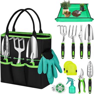 Mactoou Outils de Jardinage, 12 Pièces kit Jardinage avec Petite Pelle Jardinage, Sac de Rangement, Tapis de Rempotage, Cadeau de Jardin pour Les Adulte, Hommes et Les Femmes