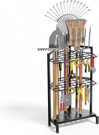 Organisateur d'outils de jardin 3 niveaux en métal, rangement pour abri, outils de jardinage avec manches longues, râteaux, balais, garage, patio, terrasse, intérieur et extérieur