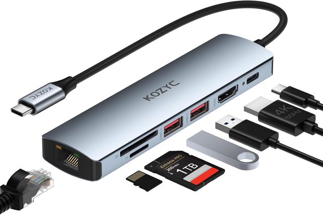 USB C Hub HDMI Ethernet, KOZYC 7 in 1 USB C Hub HDMI 4K@60Hz, 1Gbps Ethernet, 100W PD Charging, 2 USB 3.2 Data, SD/TF Card Slots Port, for Laptop, MacBook Pro, iPad, UHDTV, Steam Deck