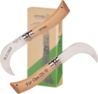 OPINEL N°10 Couteau de jardinier avec gravure personnalisée – manche en bois de hêtre et lame courbe en acier inoxydable | Couteau de jardin pour plantes, vignes et activités en plein air