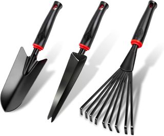 Lot de 3 pelles de jardin - Truelle étroite - 9 dents - Râteau à main - Petit outil de jardinage - Pour plantes, transplantation, désherbage