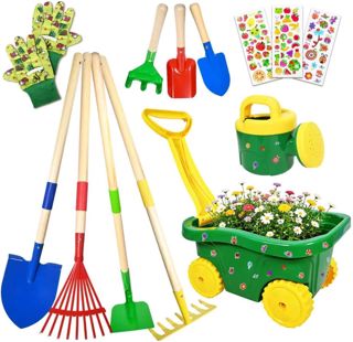 Brouette pour Enfants, 13pcs Brouette Jardin, Kit de Jeu avec Outils de Jardinage pour Enfants, Outillage de Jardin pour Enfants avec Brouette, Bêche, Autocollants, Rateau, pour Plage(B)