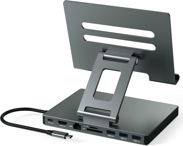 2026 iPad Pro USB C Hub Stand, Adapter for iPad Air M5 M4 M3 13 11 12.9 inch Docking Station 4K 60Hz HDMI, RJ45 Ethernet, SD/TF Card Reader, 3 USB 3.0 Port, 3.5mm Audio, iPad A16 Galaxy Tablet Dock