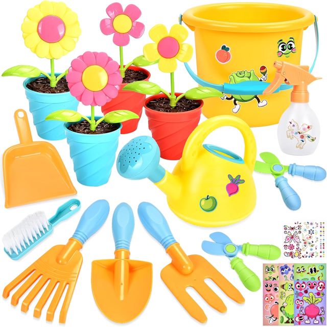 Aragallant Kit Jardinage Enfant, 28 Pièces Outillage de Jardin pour Enfants avec Pelle Arrosoir Rateau Pots de Plantes Seau Plage Set Jardinage Enfant, Jouet Exterieur Outils Jardinage Enfant 3 Ans+