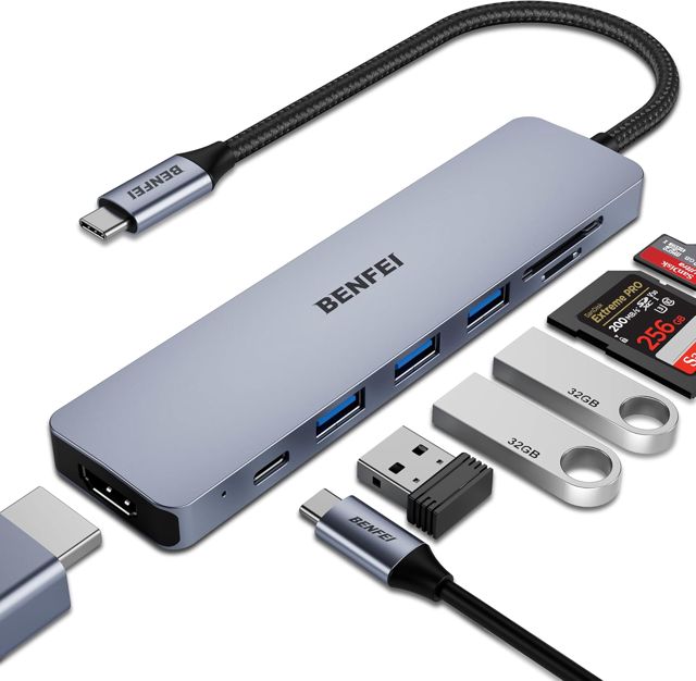 BENFEI Hub USB C 7en1 Adaptateur multiport USB-C vers HDMI 4K/PD 100W Gris