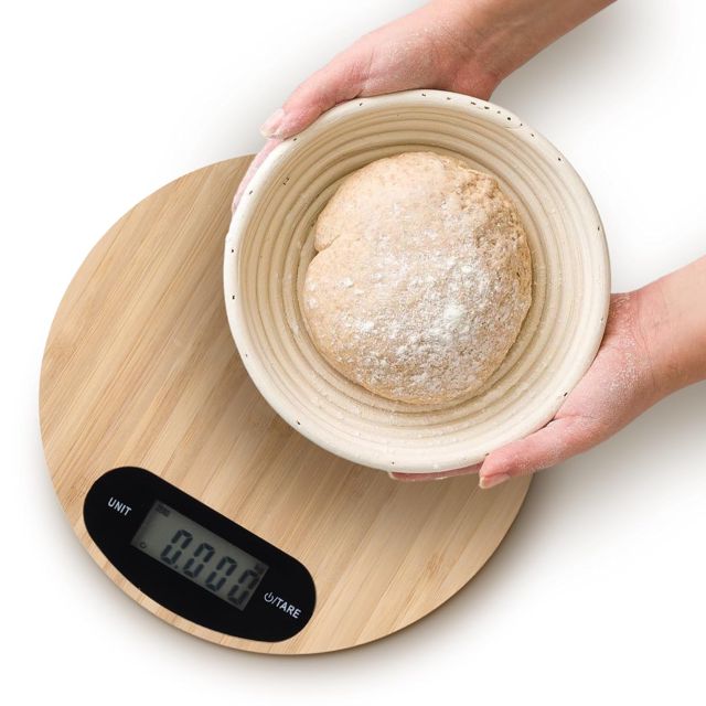 NK Balance de cuisine numérique ronde en bambou - Écran LCD, mesure précise jusqu'à 5 kg, multiformat, contrôle par boutons