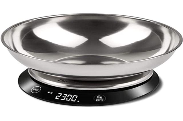Girmi PS84 Balance de Cuisine, Capacité du bol 1 Litre, 1 g - 5 kg, Affichage Haute Luminosité, Bol et Plateau en Inox, Arrêt Automatique, Fonction Tare, Noir
