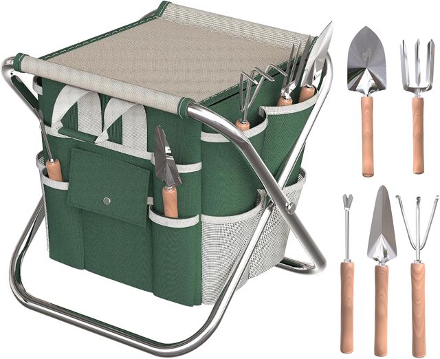 Tabouret de Jardin Pliable avec Sacoche Amovible, kit de 5 Outils de Jardinage Capacité jusqu'à 100 kg, Sacoche organisatrice Amovible, Outils à Main Robustes, siège de Jardin