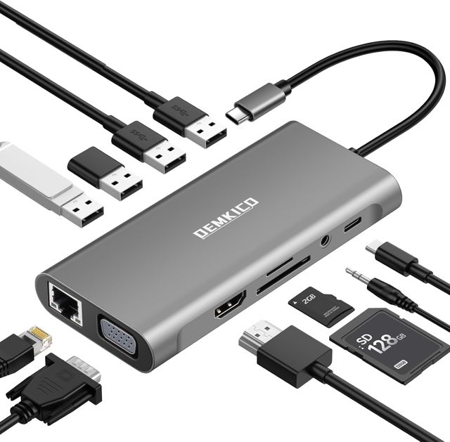 Hub USB C 11-en-1 avec 4K HDMI, 1080P VGA, Ethernet, Lecteur SD/TF