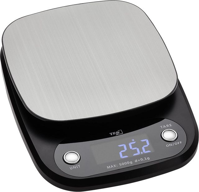 TFA Dostmann Balance de cuisine numérique Apple Pie, 50.2005.10, fonction de tare, résolution de 0,1 g, balance numérique pour aliments jusqu'à 5 kg, affichage lumineux, argentée