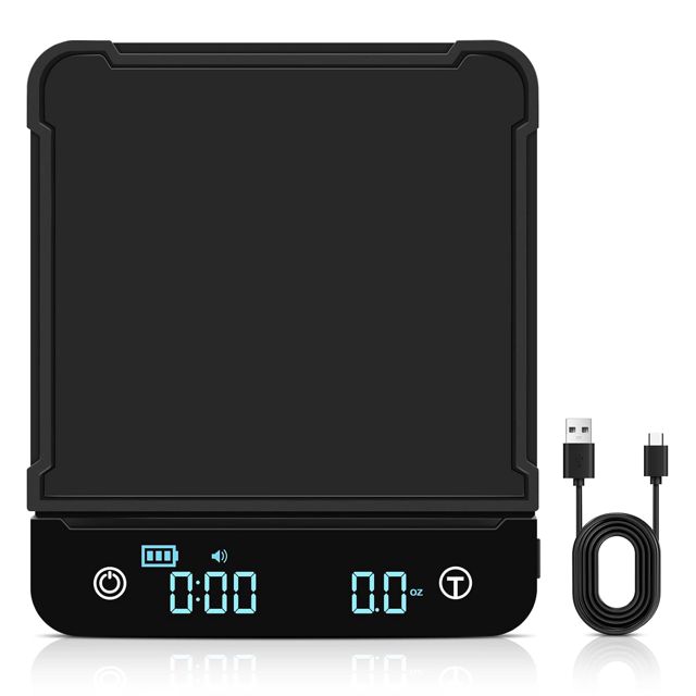 Balance à Café Numérique Precision 0.1g/3kg, Cadrim Balance de Cuisine Rechargeable avec Minuterie, Écran LED et Fonction Tare, Balance Électronique Tactile avec Tapis de Silicone en g/oz/ml (Noir)