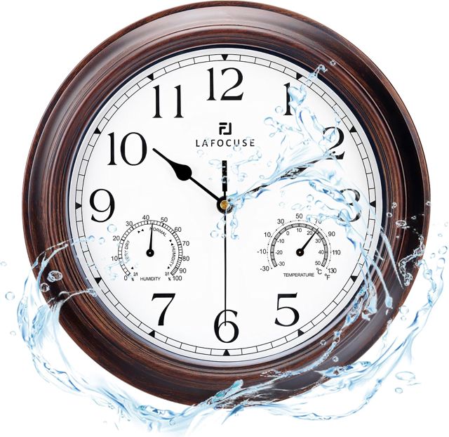 Lafocuse 30cm Horloge Murale Exterieure Etanche avec Thermomètre et Hygromètre, Vintage Marron Pendule Murale Retro, Silencieuse Shabby Chic Deco pour Extérieur, Jardin, Balcon, Salle de Bain, Cuisine