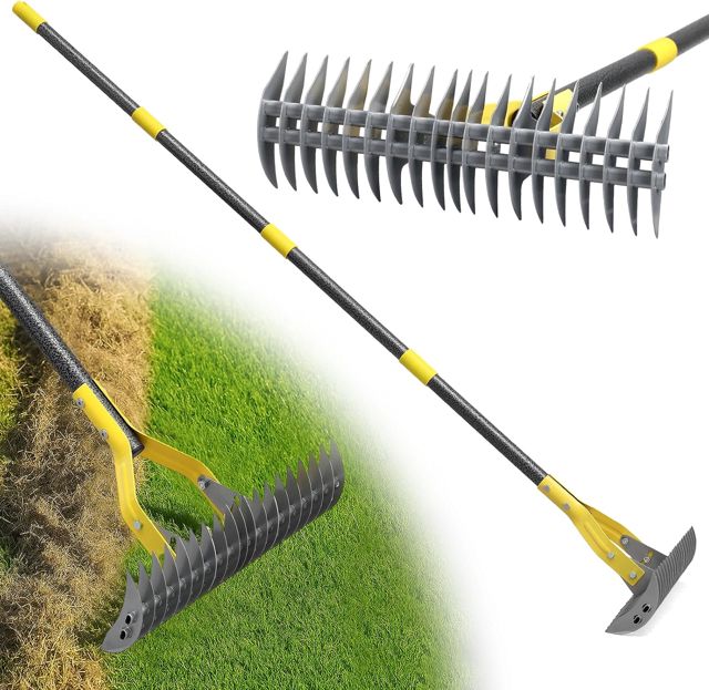 Râteau, 140cm Râteau de Jardin Robuste en Acier Inoxydable avec Long Manche Réglable et Lame Tranchante - Multifonction Râteau à Paille avec 19Dents Double Couche pour Désherber, Fertiliser Lawn/Gris