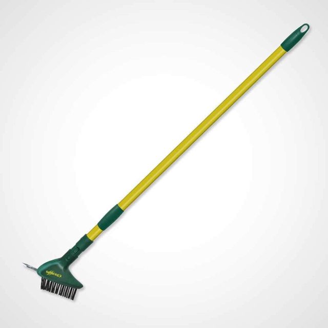 Gardirex Brosse à joints de dallage, avec crochet grattoir, manche télescopique, pour désincruster sans effort, sans s’abaisser