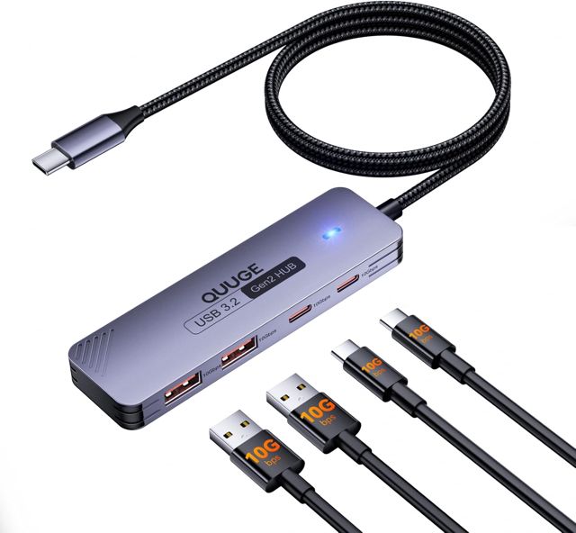 QUUGE Hub USB 3.2 Gen2 avec 4 Data Ports USB 3.2, Adaptateur Multiport USB Nylon Câble 120CM, Aluminium Hub USB pour PC, MacBook Air, Mac Pro, iMac, Surface, XPS, PS5, Disque Dur Mobile, clés USB, etc