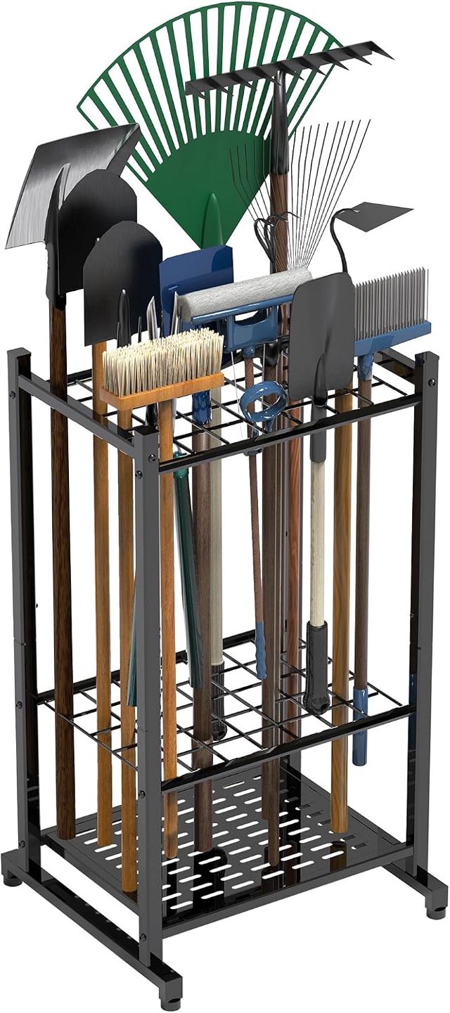 Organiseur outil de jardin et tour robuste pour l'organisation et le rangement du garage, jusqu'à 35 outils à long manche, râteaux/balais