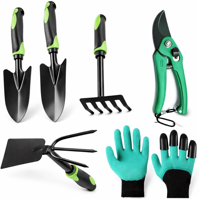 Set d’Outils de Jardin 6 Pièces avec Sécateur et Gants à Griffes, Pelle Large et Étroite, Râteau à Main et Binette pour Repiquage, Désherbage, Terre, Balcon et Massifs
